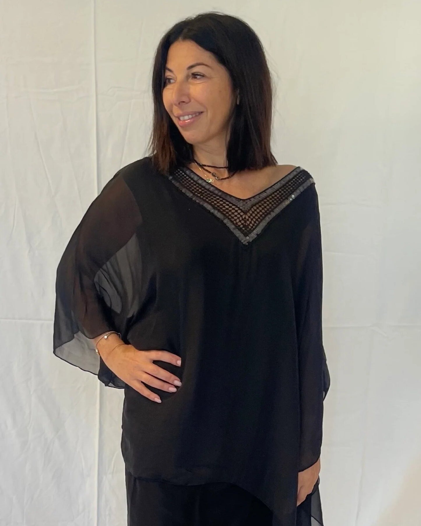 V-Neck Silk Top w Sequin Trim - 40% OFF AT CHECKOUT